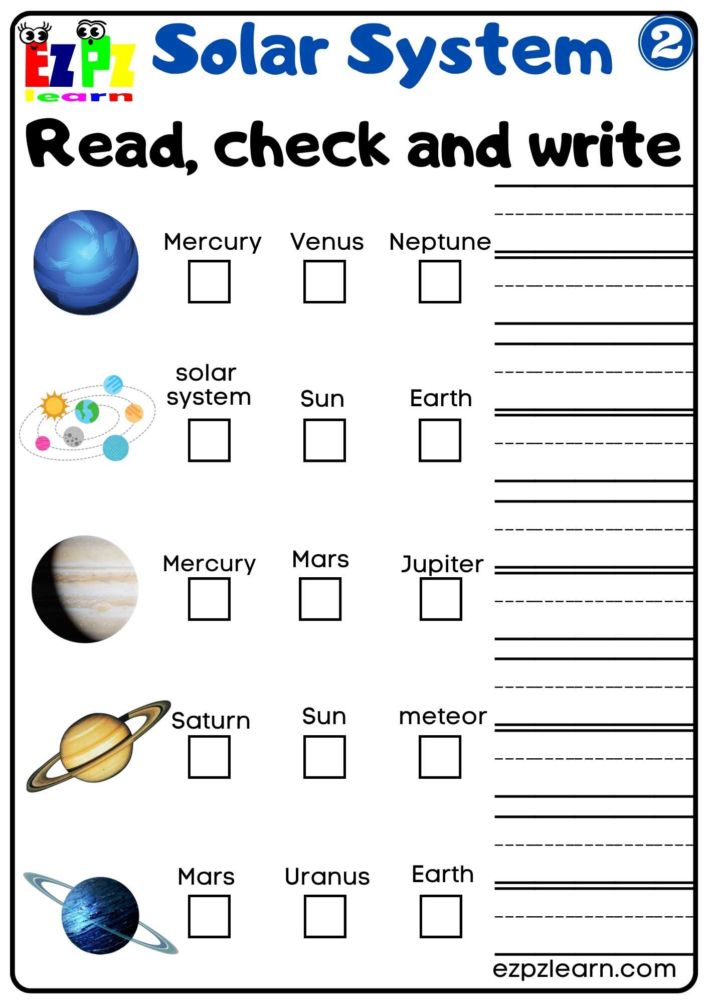 Solar System Read Check And Write Worksheet 2 For Kids Ezpzlearn